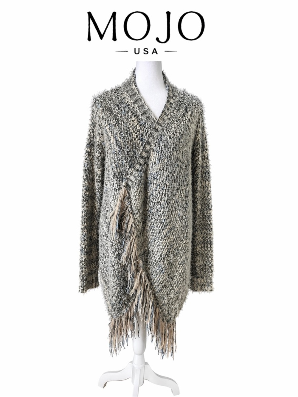 MOJO USA Gray Fringe Knit Open Cardigan Wool Blend